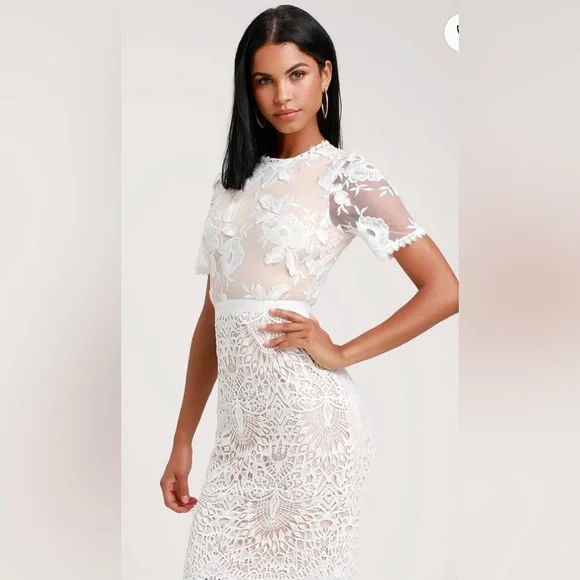 Lulu’s White and Nude Lace Midi Dress - Picture 9 of 11